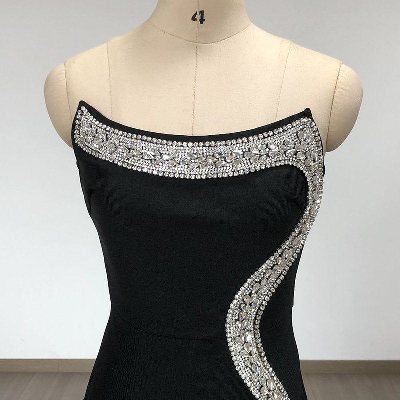 Strapless Black Crystal Embellished Maxi Dress H6678