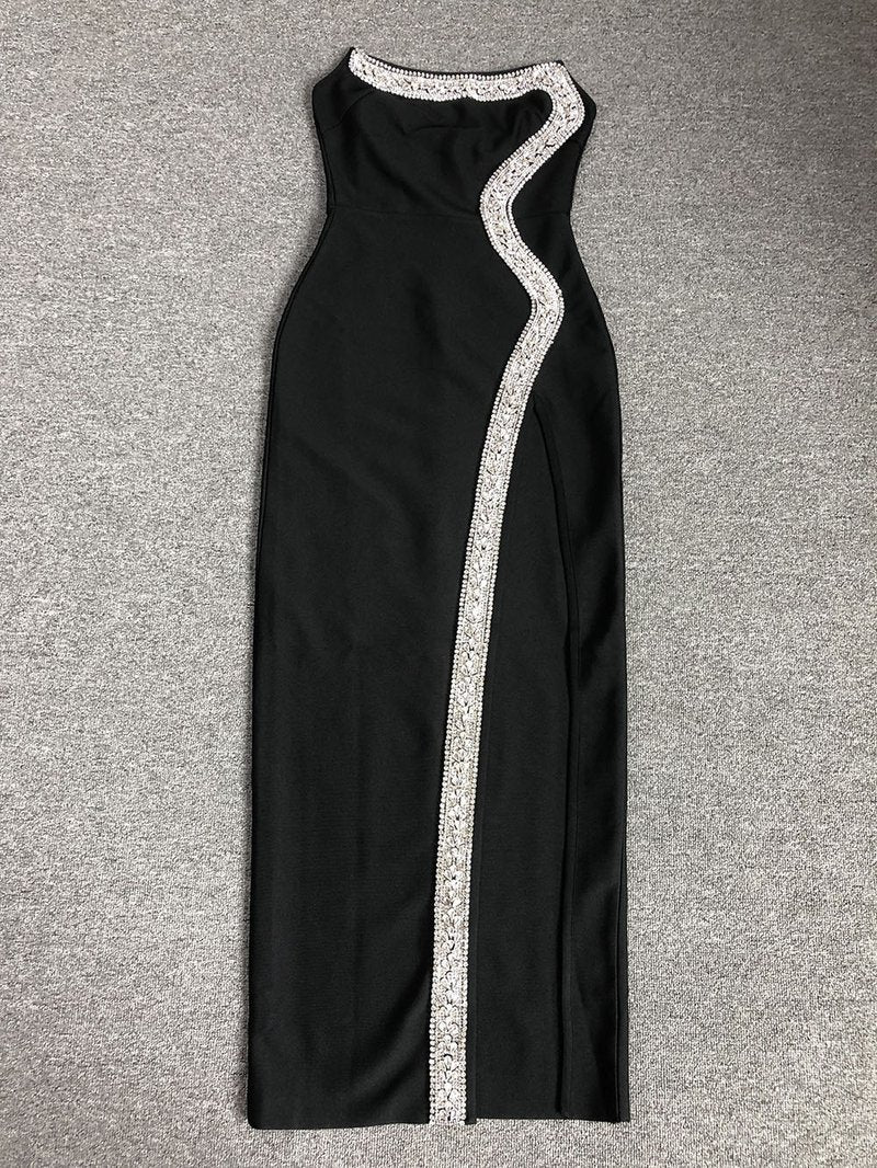 Strapless Black Crystal Embellished Maxi Dress H6678