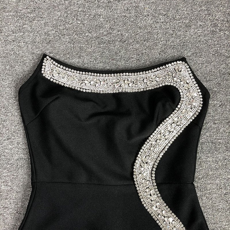 Strapless Black Crystal Embellished Maxi Dress H6678