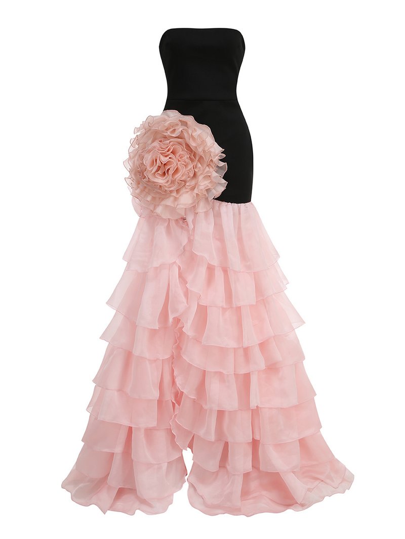 Strapless Black Gown with Pink Ruffle Skirt H7102