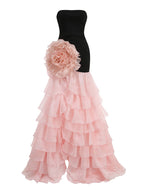 Strapless Black Gown with Pink Ruffle Skirt H7102
