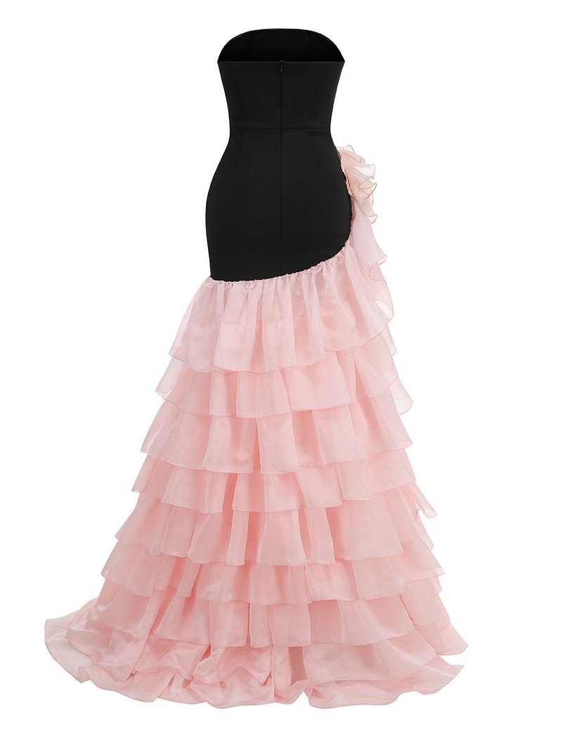 Strapless Black Gown with Pink Ruffle Skirt H7102