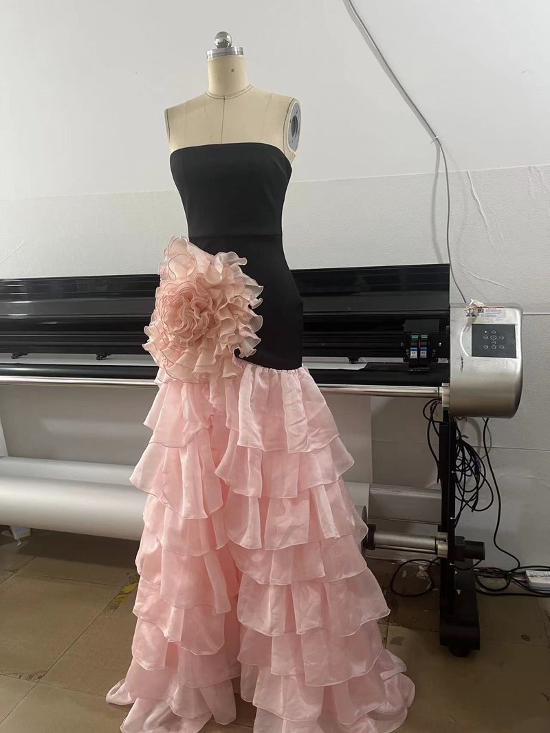 Strapless Black Gown with Pink Ruffle Skirt H7102