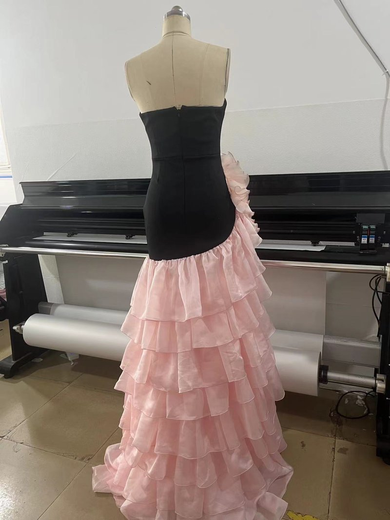 Strapless Black Gown with Pink Ruffle Skirt H7102