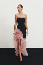 Strapless Black Gown with Pink Ruffle Train H7102