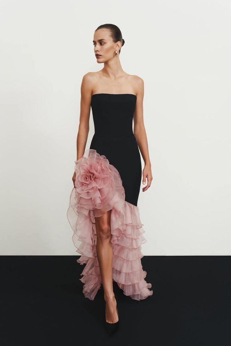 Strapless Black Gown with Pink Ruffle Train H7102