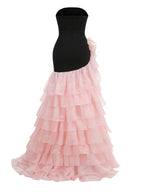 Strapless Black Gown with Pink Ruffle Train H7102