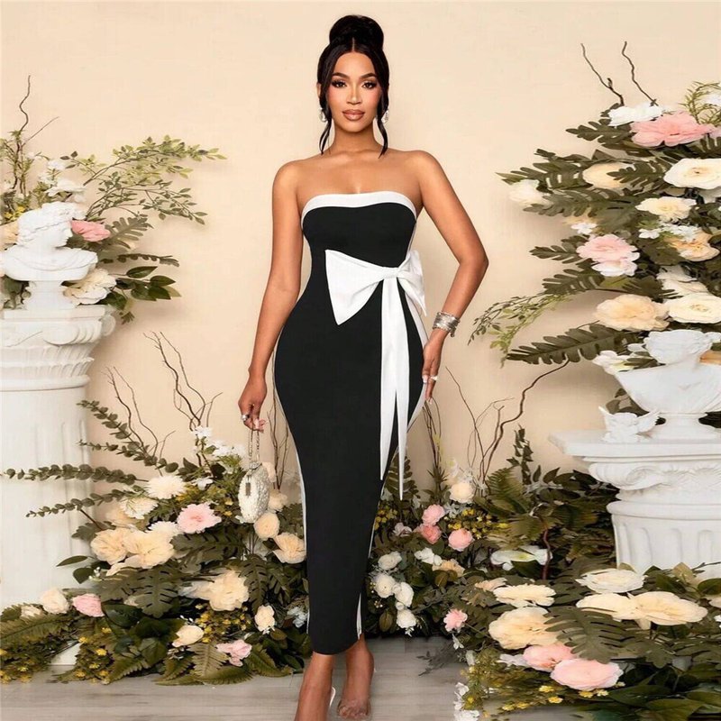 Strapless Black White Bow Midi Dress H6813