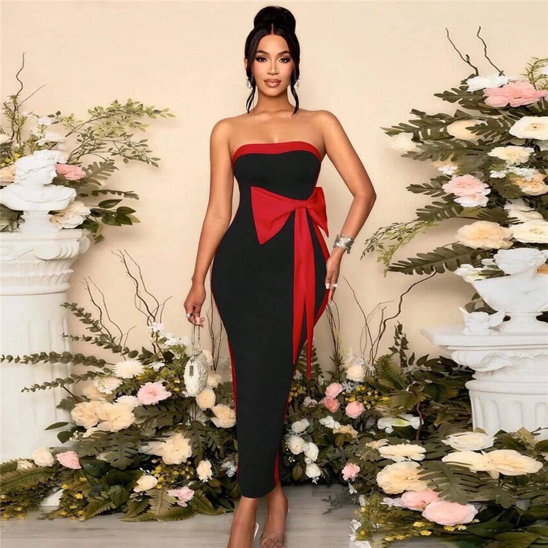Strapless Black White Bow Midi Dress H6813