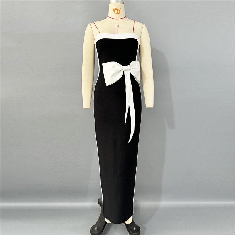 Strapless Black White Bow Midi Dress H6813