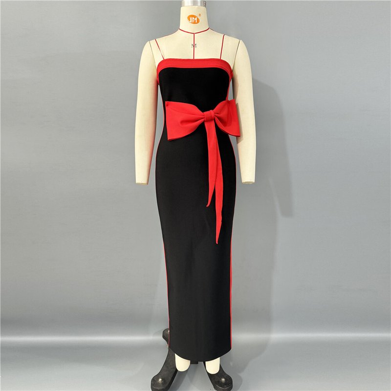 Strapless Black White Bow Midi Dress H6813
