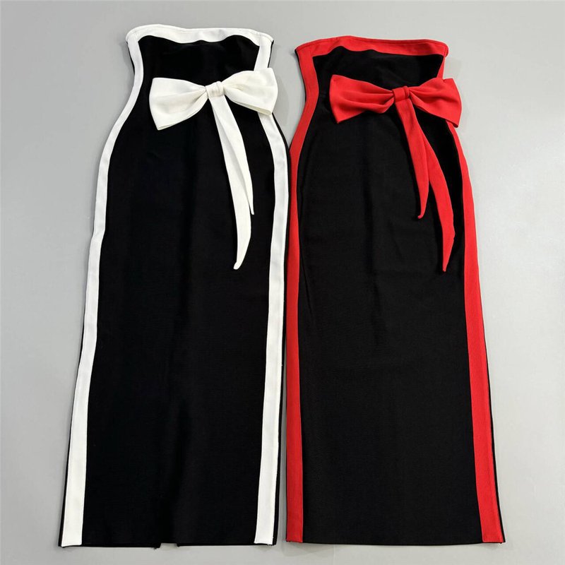 Strapless Black White Bow Midi Dress H6813