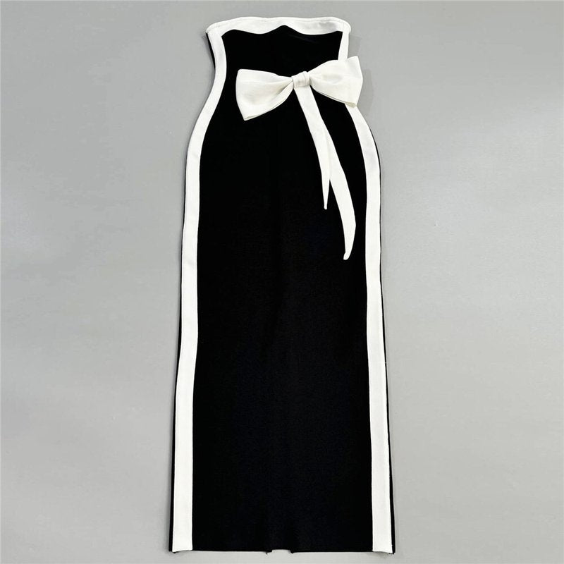 Strapless Black White Bow Midi Dress H6813