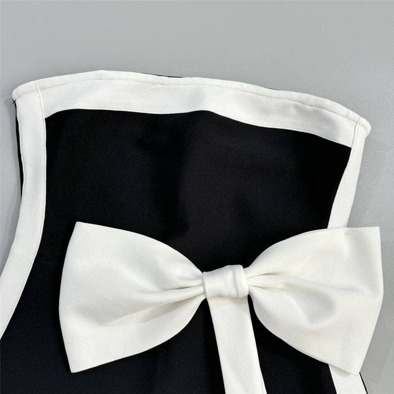Strapless Black White Bow Midi Dress H6813