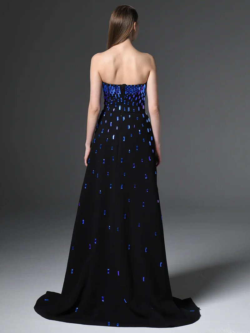 Strapless Blue Beaded Black Gown H6745