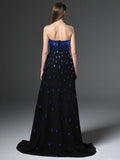 Strapless Blue Beaded Black Gown H6745