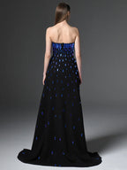 Strapless Blue Beaded Black Gown H6745