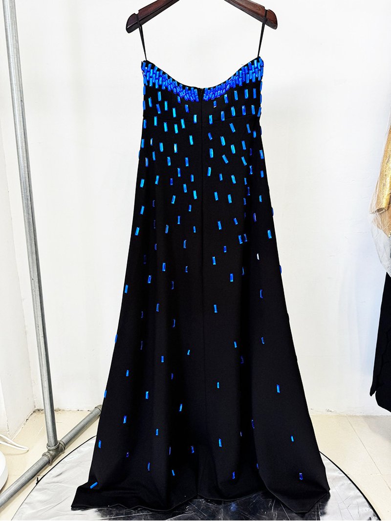 Strapless Blue Beaded Black Gown H6745