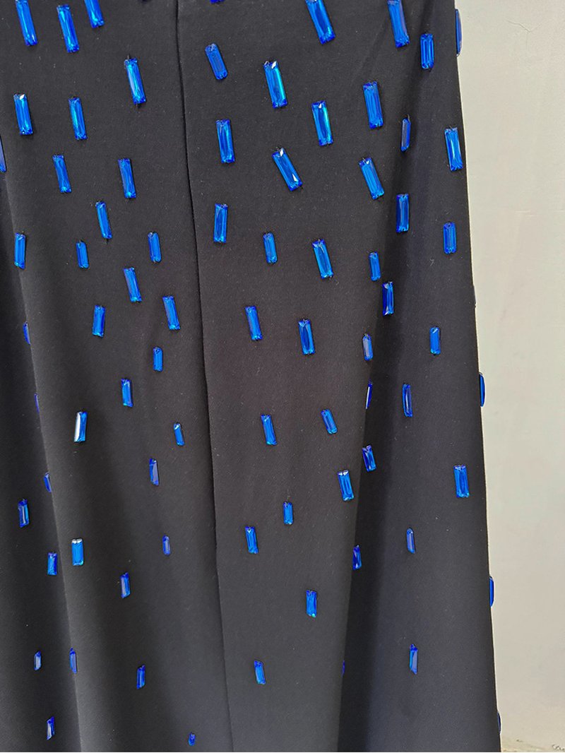 Strapless Blue Beaded Black Gown H6745