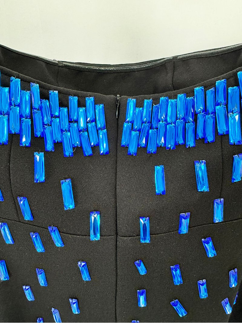 Strapless Blue Beaded Black Gown H6745