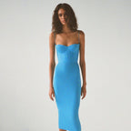 Strapless Blue Ribbed Midi Dress H5485