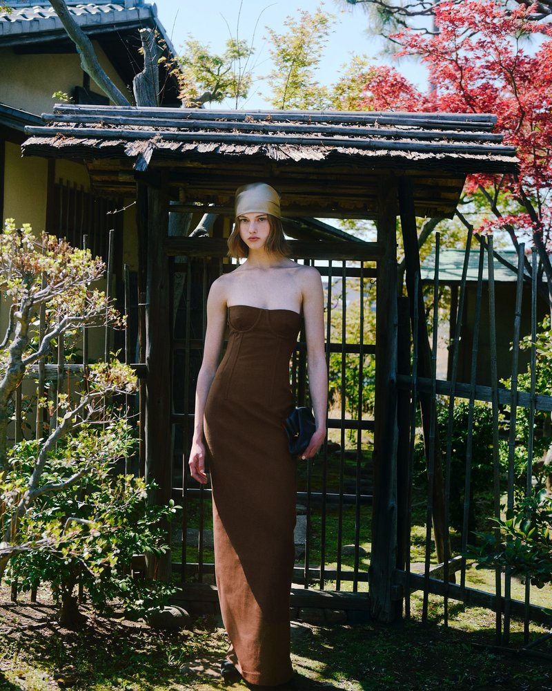 Strapless Brown Ribbed Maxi Dress H6888