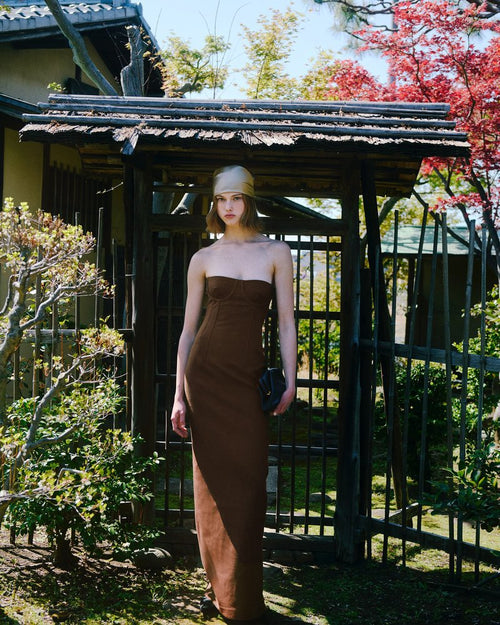 Strapless Brown Ribbed Maxi Dress H6888
