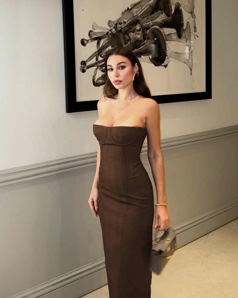 Strapless Brown Ribbed Maxi Dress H6888