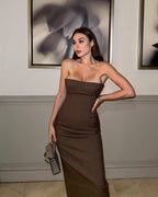 Strapless Brown Ribbed Maxi Dress H6888