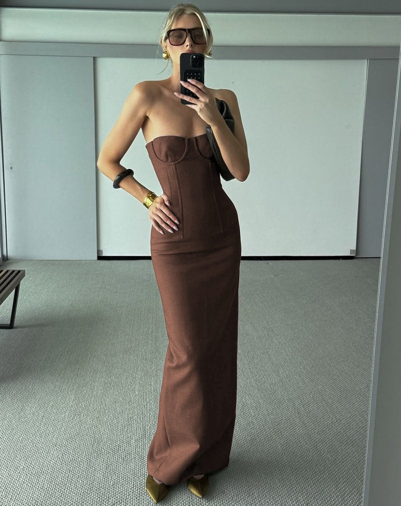 Strapless Brown Ribbed Maxi Dress H6888