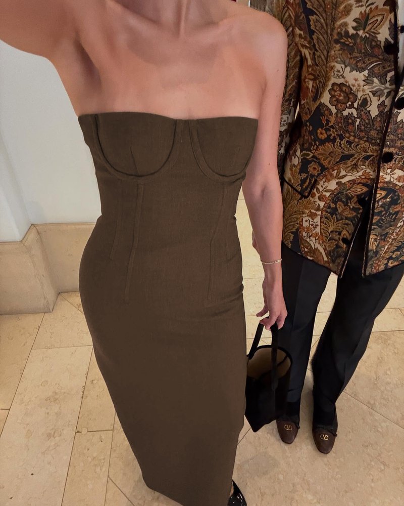 Strapless Brown Ribbed Maxi Dress H6888