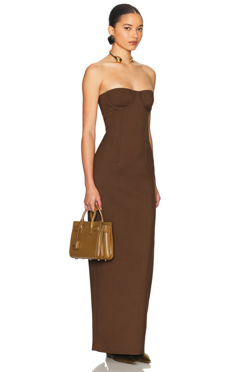 Strapless Brown Ribbed Maxi Dress H6888