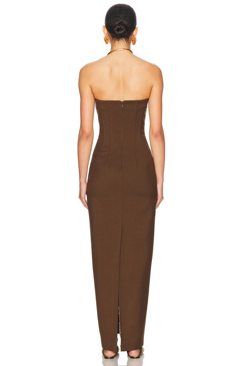 Strapless Brown Ribbed Maxi Dress H6888