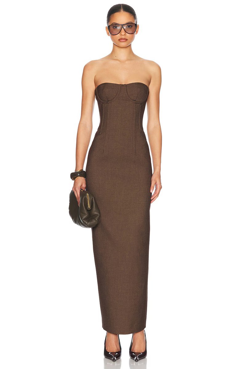 Strapless Brown Ribbed Maxi Dress H6888