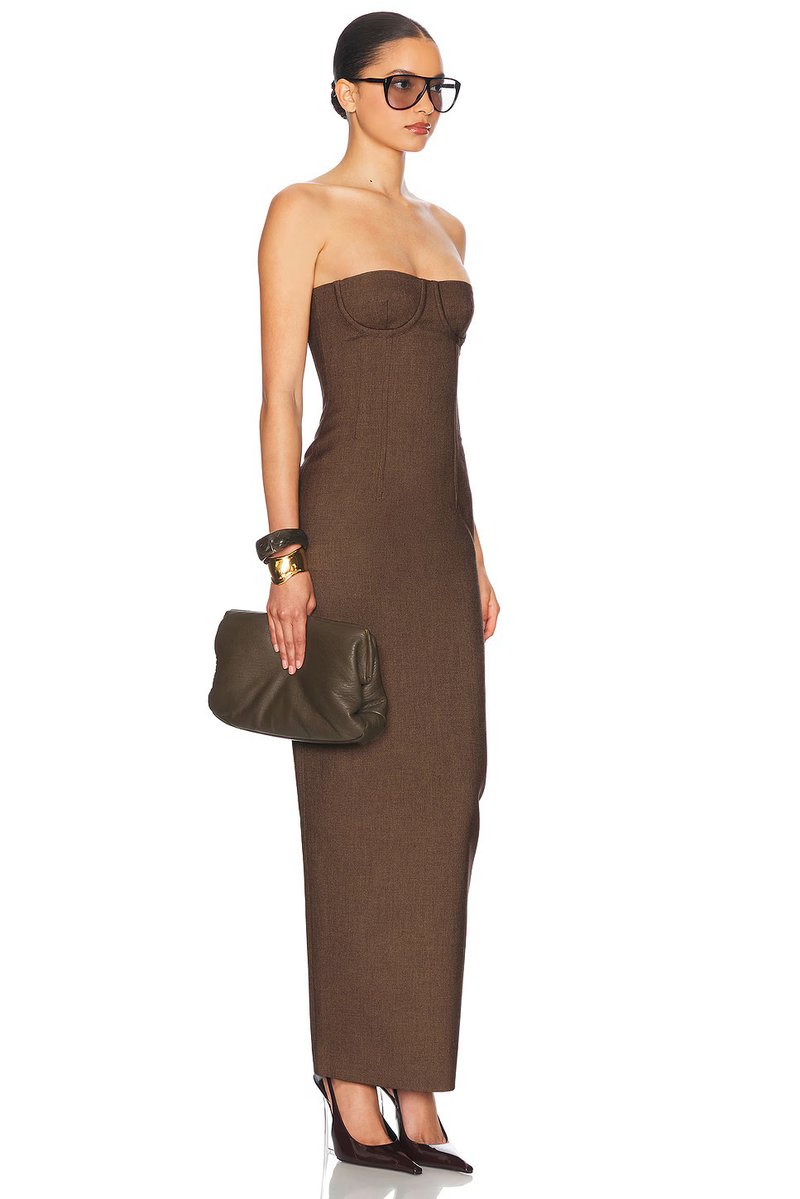 Strapless Brown Ribbed Maxi Dress H6888