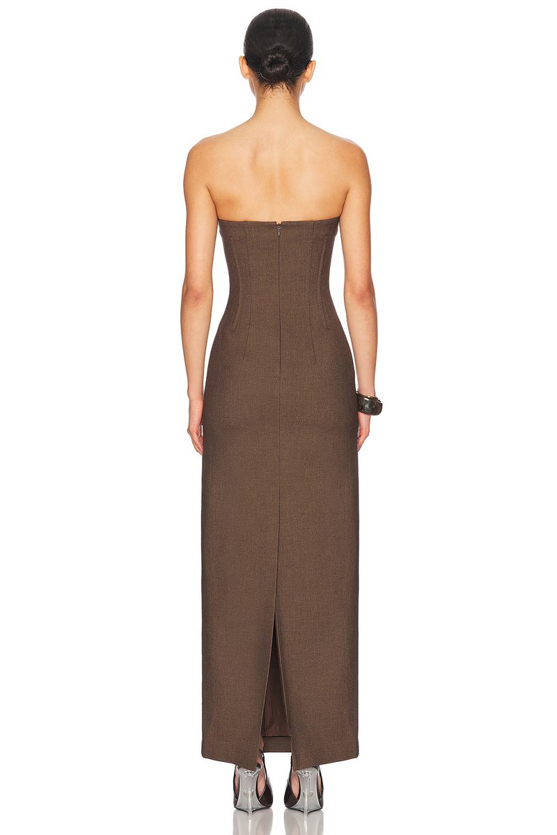 Strapless Brown Ribbed Maxi Dress H6888