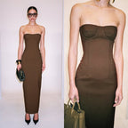 Strapless Brown Ribbed Maxi Dress H6888