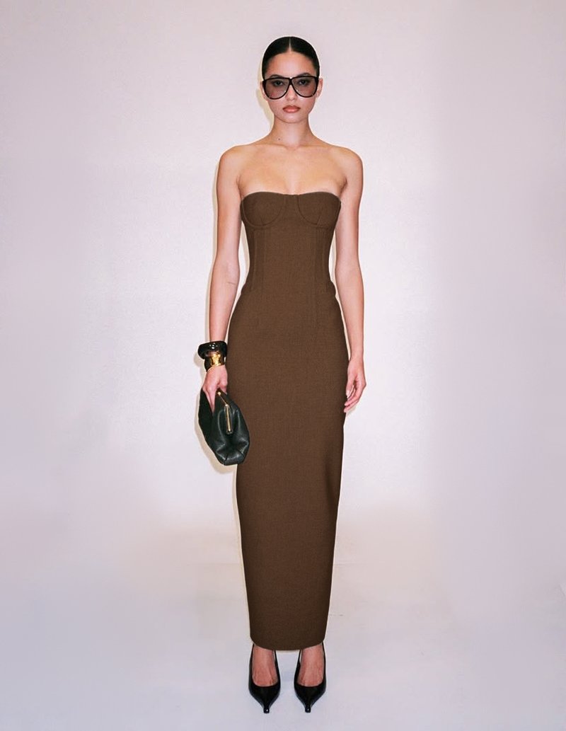 Strapless Brown Ribbed Maxi Dress H6888