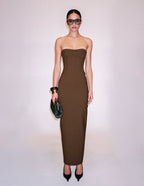 Strapless Brown Ribbed Maxi Dress H6888