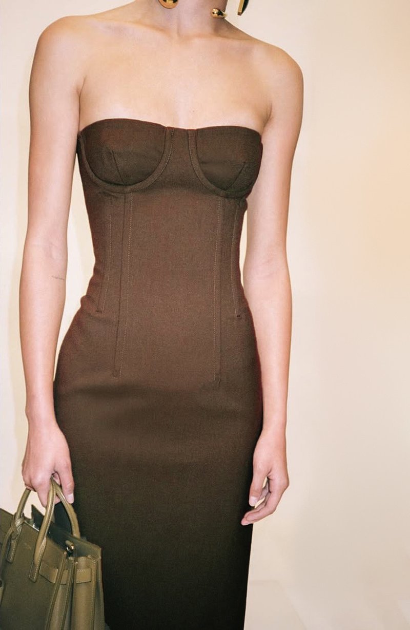 Strapless Brown Ribbed Maxi Dress H6888