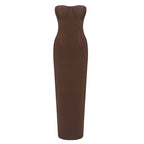 Strapless Brown Ribbed Maxi Dress H6888
