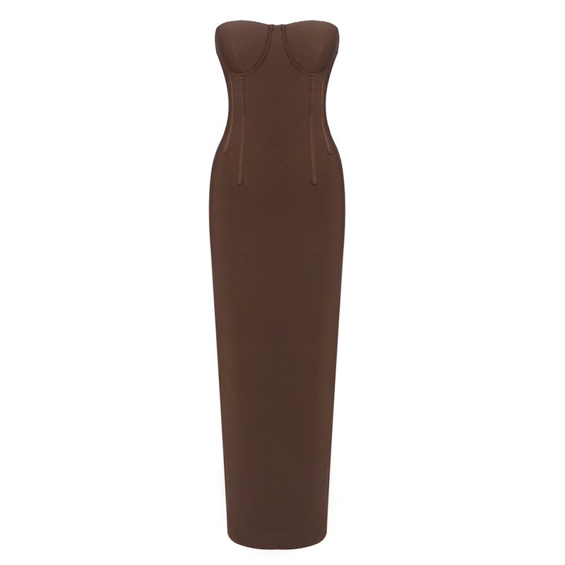 Strapless Brown Ribbed Maxi Dress H6888