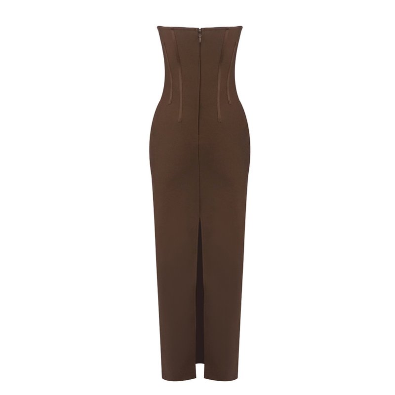Strapless Brown Ribbed Maxi Dress H6888