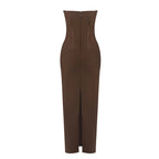 Strapless Brown Ribbed Maxi Dress H6888