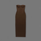 Strapless Brown Ribbed Maxi Dress H6888