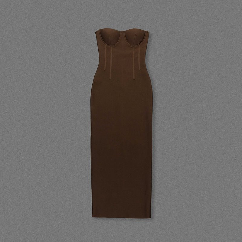 Strapless Brown Ribbed Maxi Dress H6888