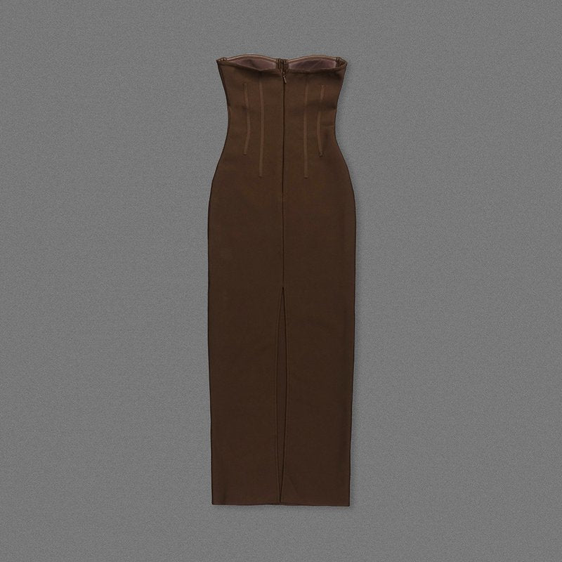 Strapless Brown Ribbed Maxi Dress H6888