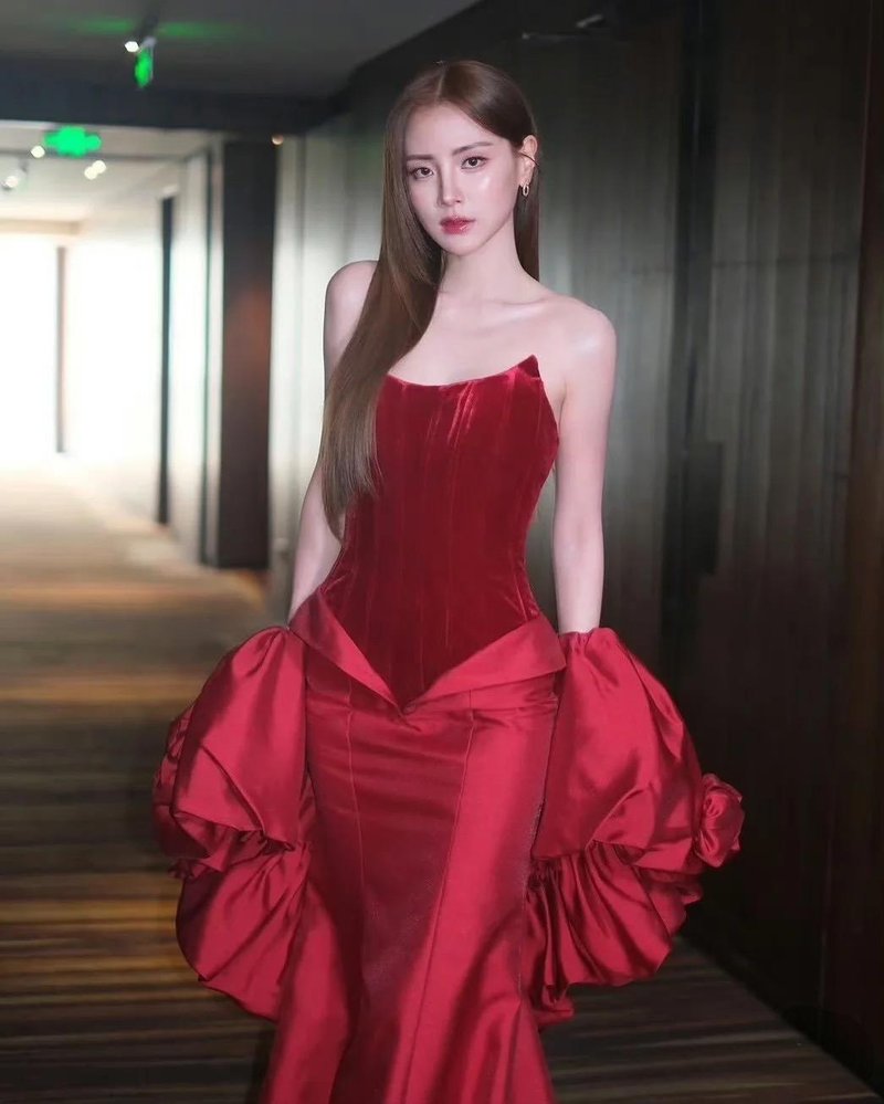 Strapless Corset Back Red Satin Gown H6680