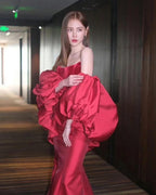 Strapless Corset Back Red Satin Gown H6680