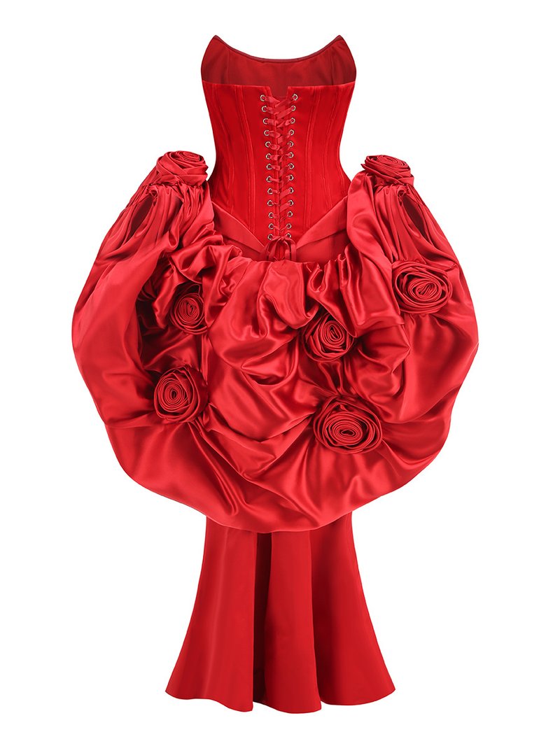 Strapless Corset Back Red Satin Gown H6680